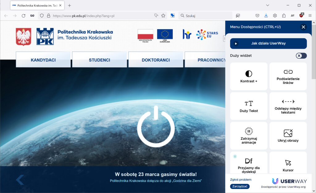 zrzut ekranu z witryną Politechniki Krakowskiej z widoczną nakładką dostępnościową Userway